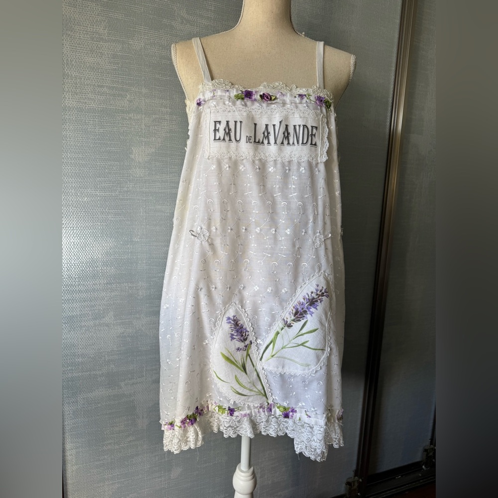 White Asymmetrical Dress with Lavender Accents, handmade with belt and necklace